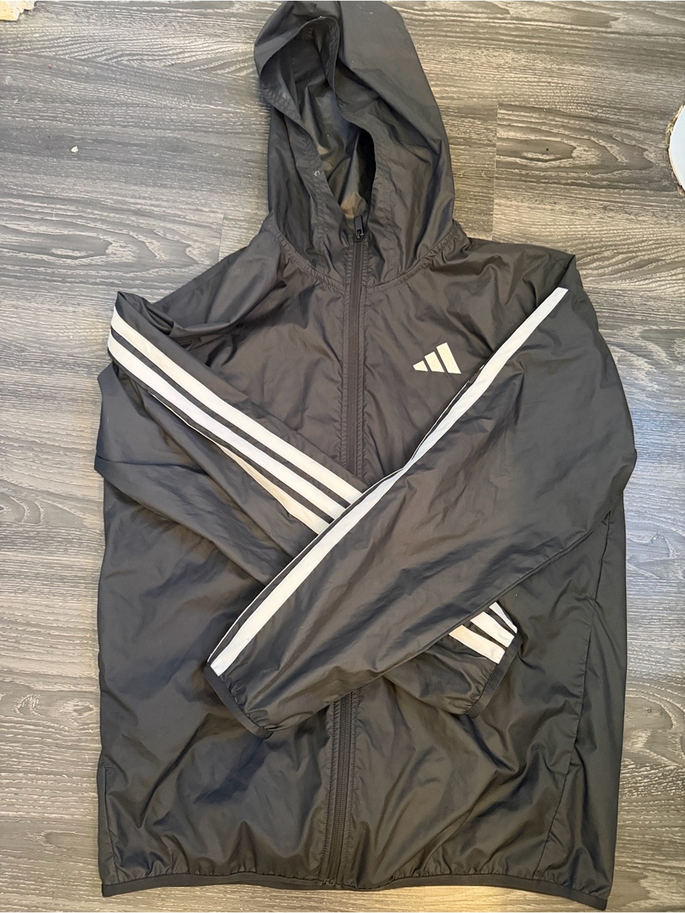 adidas Black Hooded Windbreaker with White Stripes